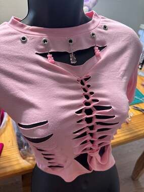 Customized Pink Distressed Grunge Style Cut-Out Crop Top with Gummy Bear Charms
